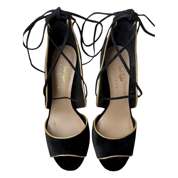 Lord & Taylor Lace Up Peep Toe Heels Sz 8 EU 38 Black Velvet Gold Stiletto - Picture 8 of 8